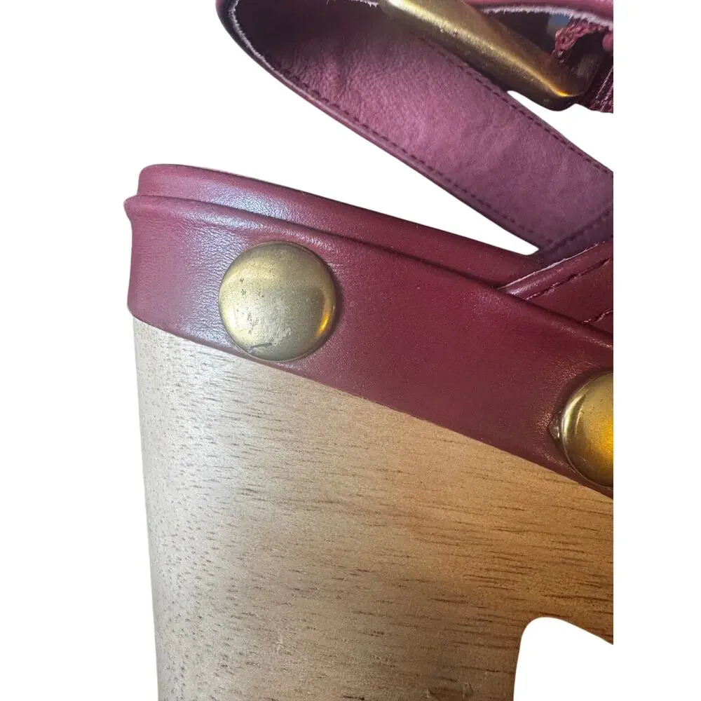 Charlotte Stone Burgundy Leather Studded Wooden Platform Clogs Slingback Heels 8